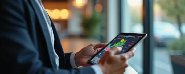 Mains d'un commerçant analysant des données financières sur tablette tactile dans un environnement commercial moderne