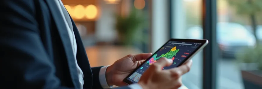 Mains d'un commerçant analysant des données financières sur tablette tactile dans un environnement commercial moderne