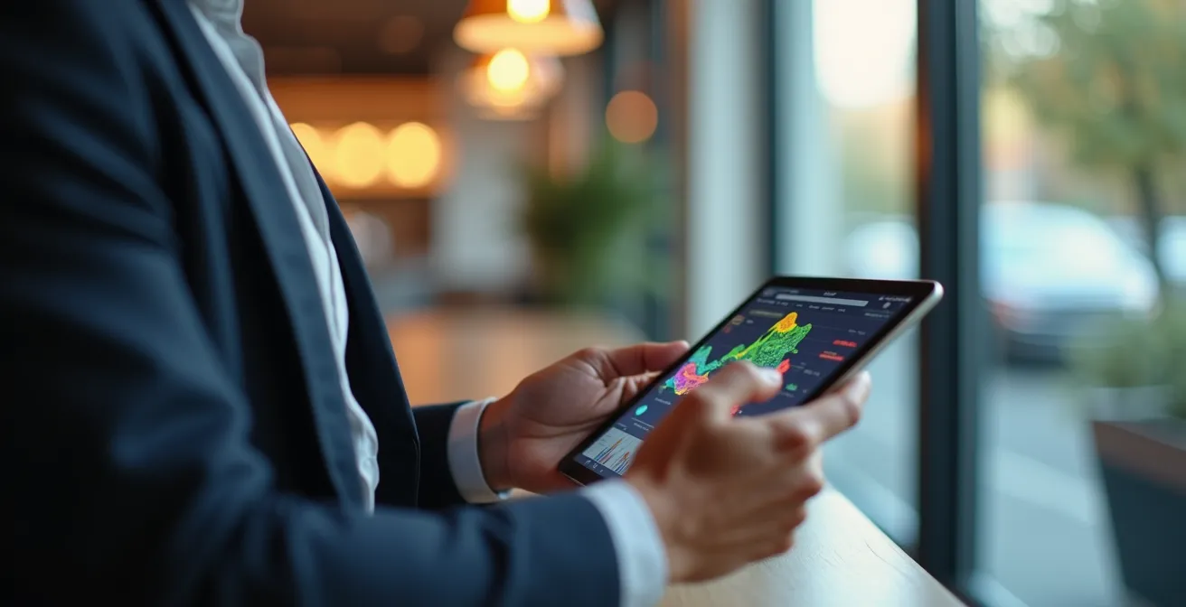 Mains d'un commerçant analysant des données financières sur tablette tactile dans un environnement commercial moderne