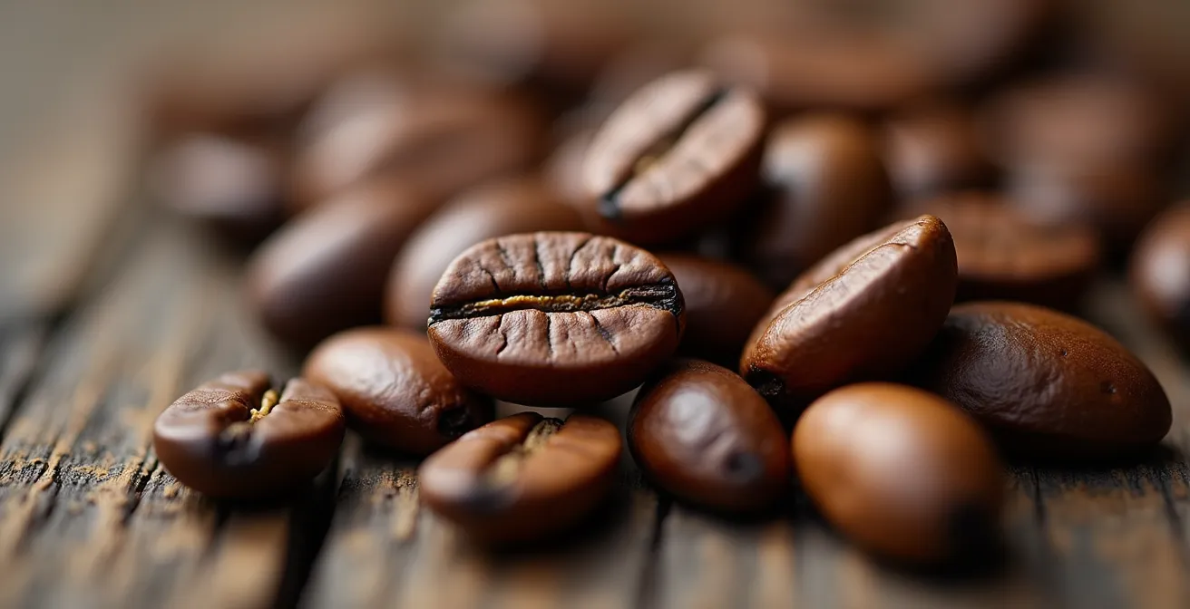 Vue macro sur des grains de café torréfiés révélant leurs textures organiques et leurs nuances de couleur naturelle