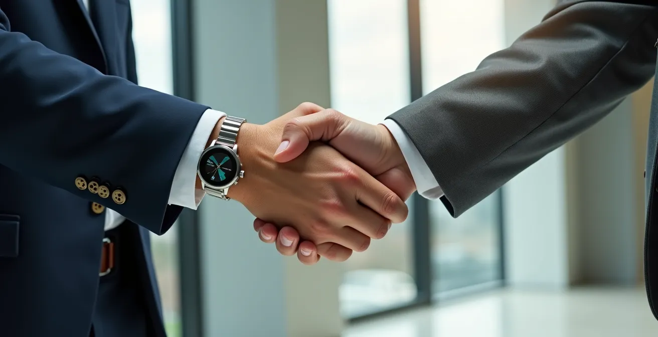 Poignée de main professionnelle entre deux personnes dans un environnement commercial épuré et lumineux