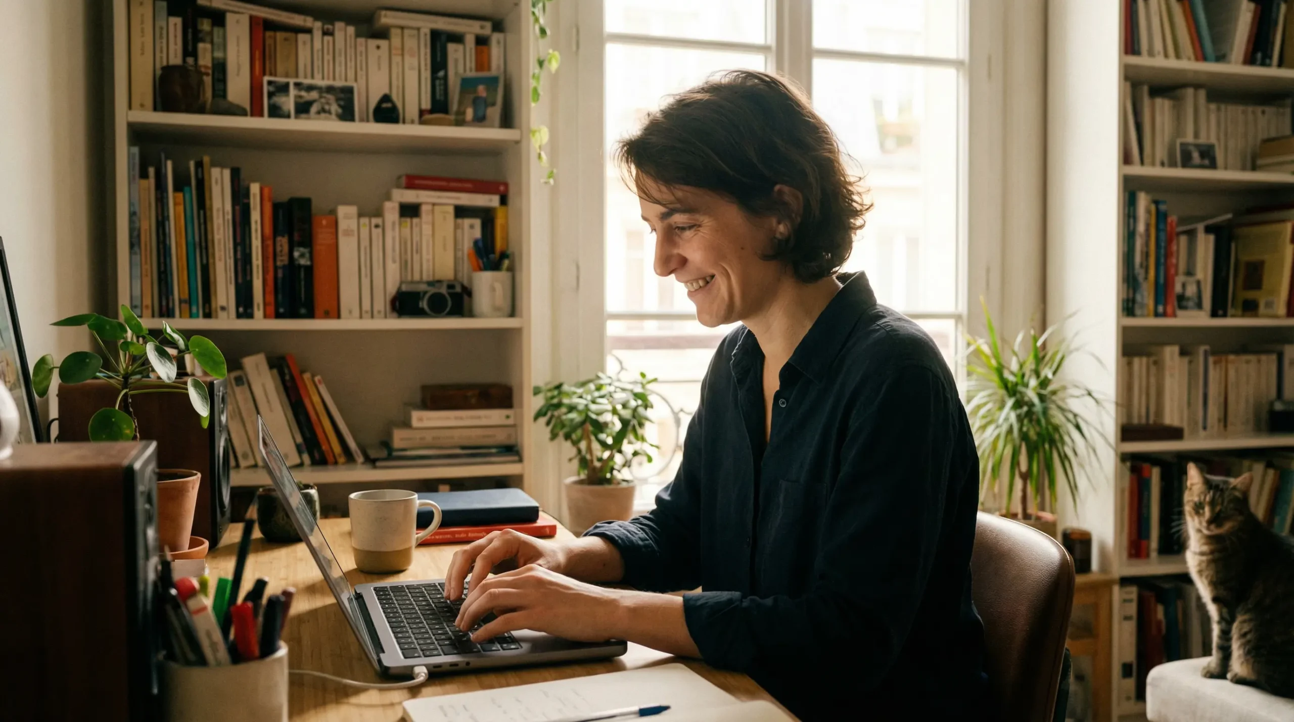 Créateur d'entreprise travaillant depuis son bureau à domicile avec ordinateur