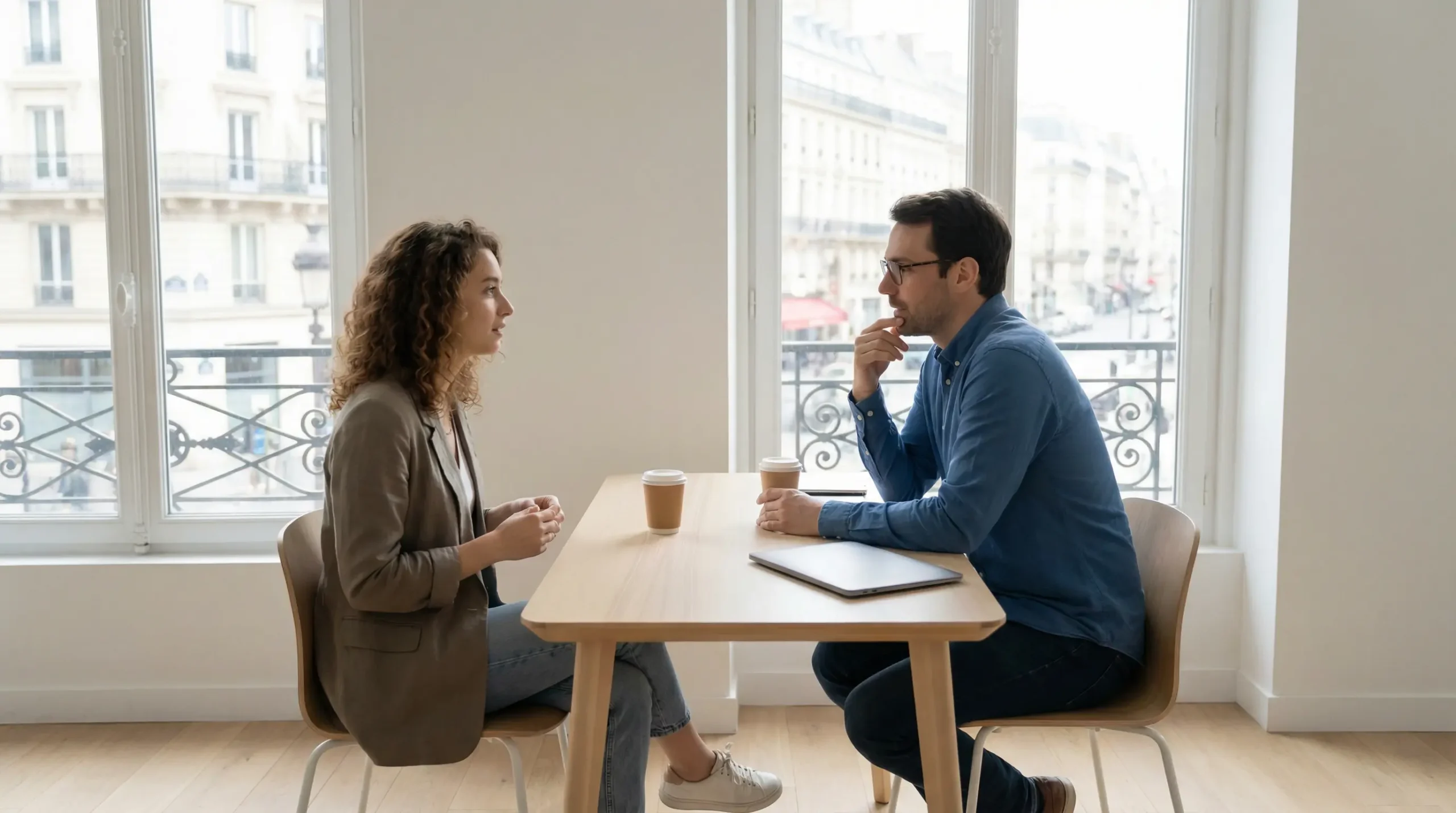 Jeune entrepreneure française en discussion avec un conseiller professionnel dans un bureau moderne