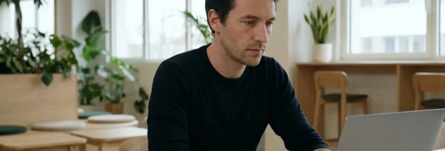 Entrepreneur français consultant son ordinateur portable dans un espace de coworking lumineux