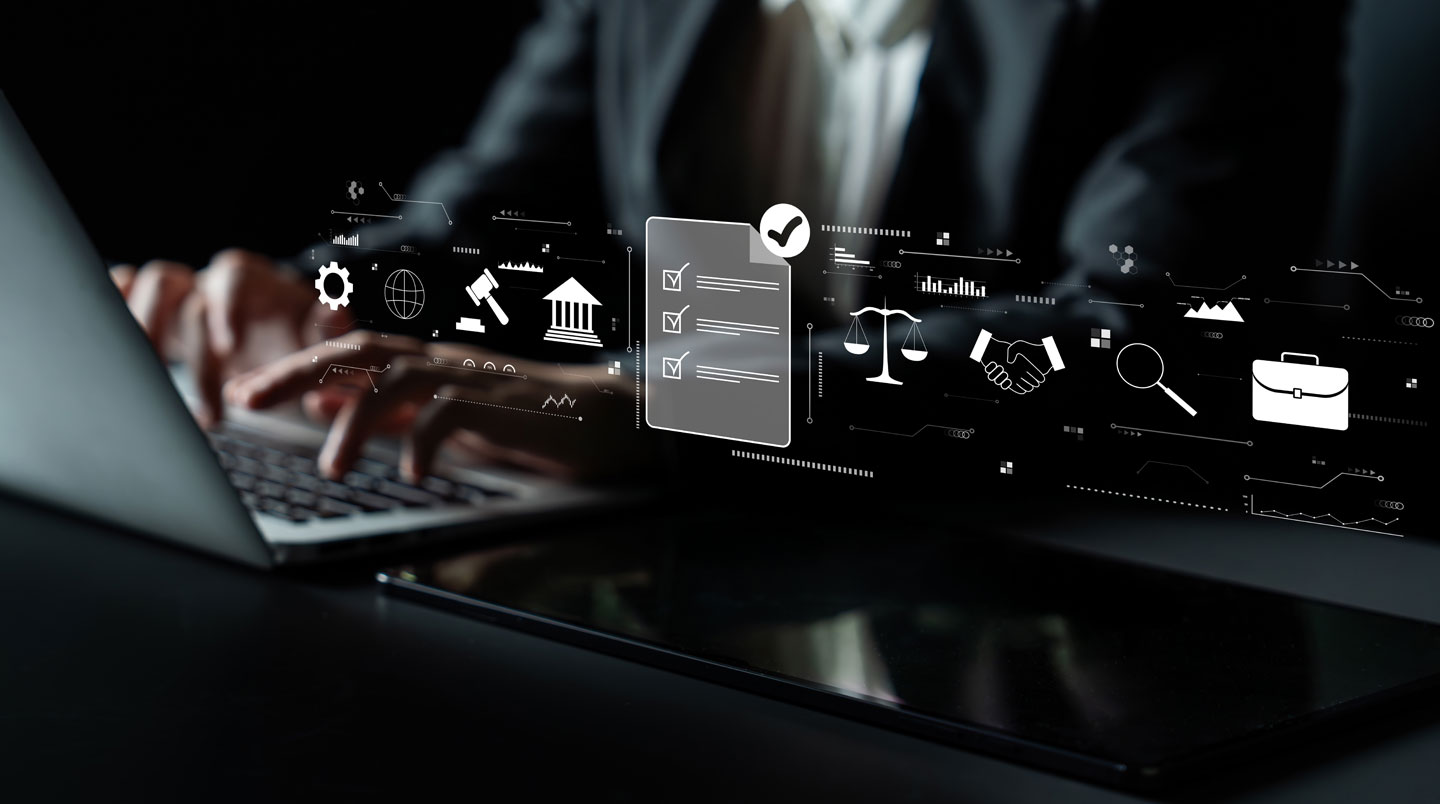 Loupe géante grossissant un bâtiment bancaire miniature avec badges de certification ACPR, HTTPS et RGPD sur la façade