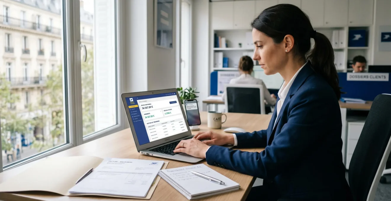 Bureau professionnel moderne avec ordinateur portable affichant un tableau de bord bancaire en français, smartphone avec notifications financières, et documents professionnels organisés dans un environnement de travail épuré et lumineux