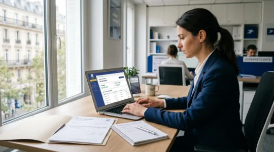 Bureau professionnel moderne avec ordinateur portable affichant un tableau de bord bancaire en français, smartphone avec notifications financières, et documents professionnels organisés dans un environnement de travail épuré et lumineux