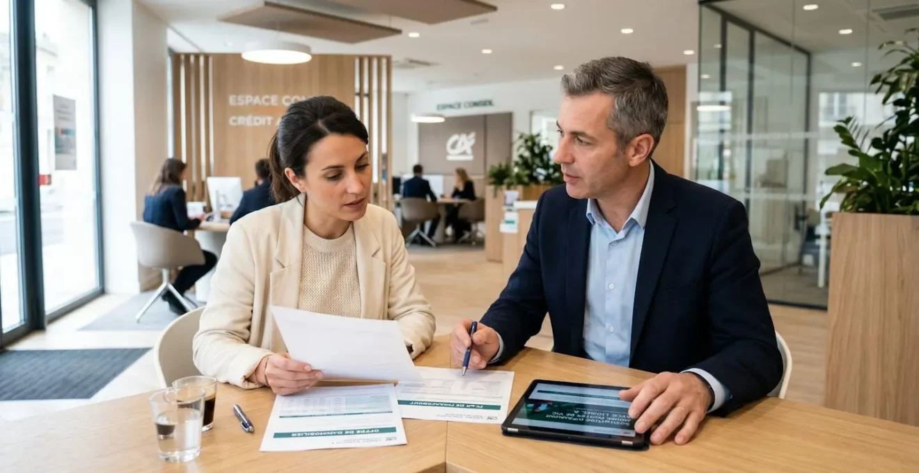 Consultation professionnelle entre un entrepreneur et un conseiller bancaire dans une agence moderne française, documents et tablette sur la table