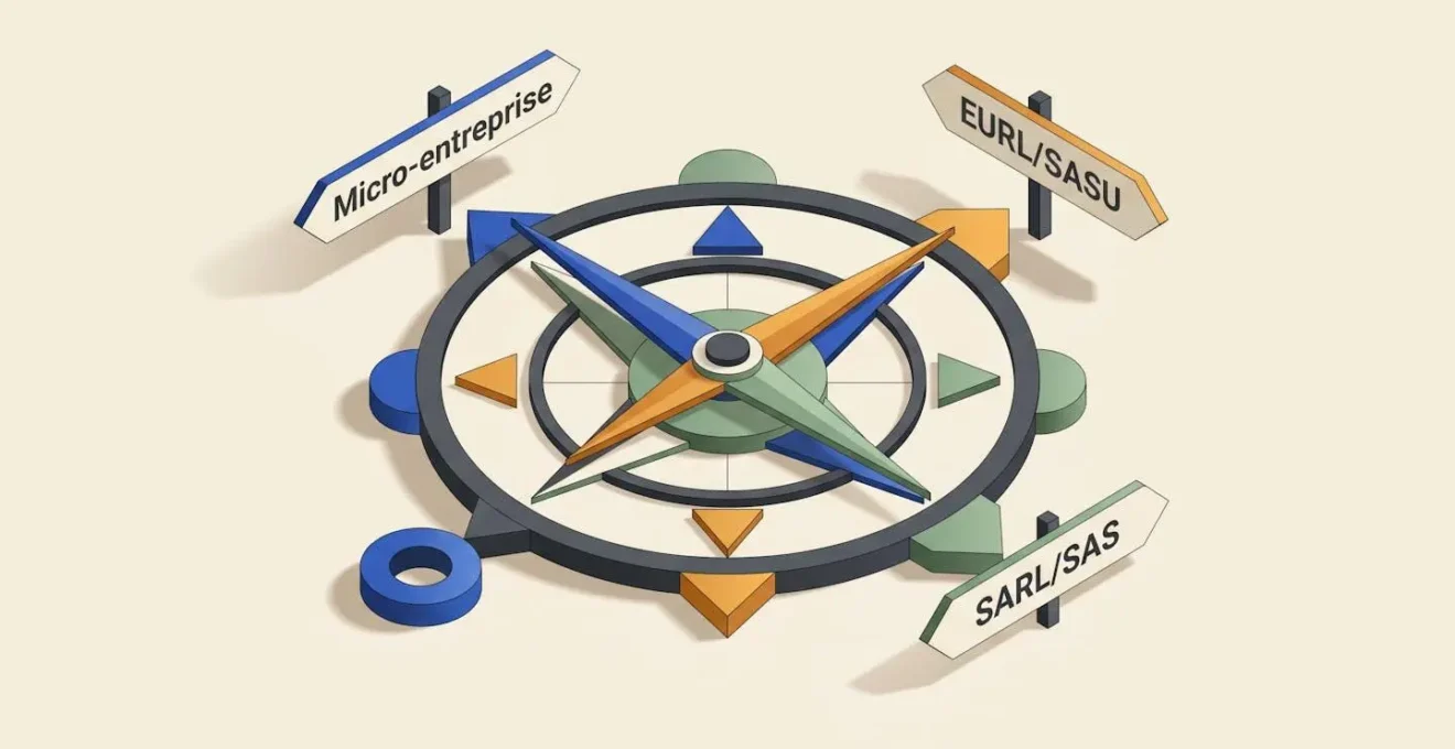 Illustration isométrique d'une boussole à trois aiguilles pointant vers trois panneaux indiquant différents statuts juridiques d'entreprise