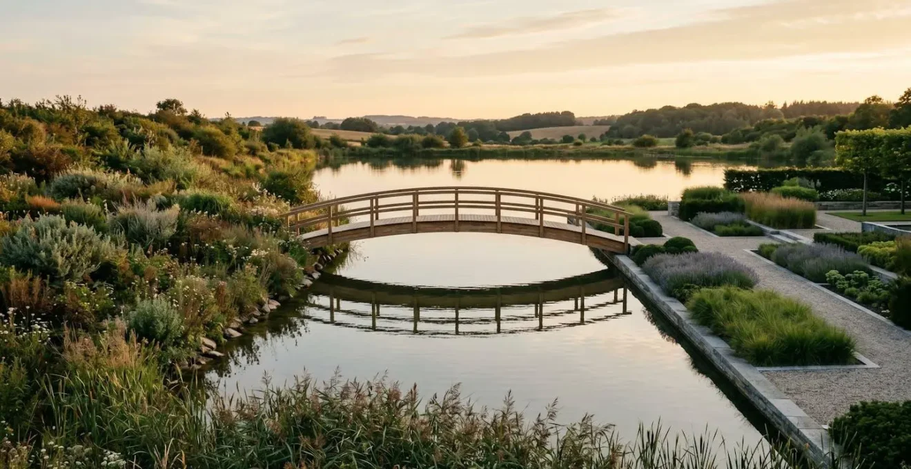 Pont en bois élégant séparant deux rives contrastées d'un lac paisible, symbolisant la frontière entre vie personnelle et professionnelle