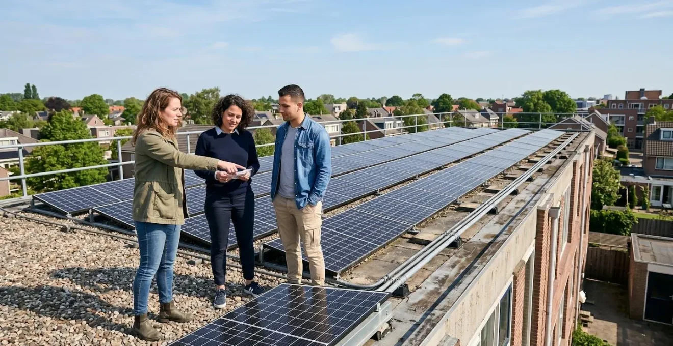 Un groupe de personnes en extérieur examine des panneaux solaires installés sur un toit dans un quartier résidentiel