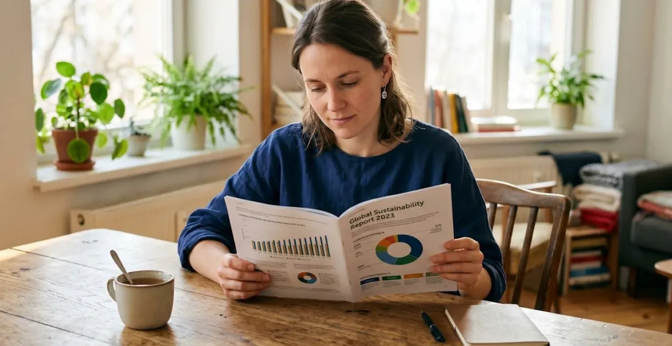 Une femme consulte un rapport annuel d'impact environnemental d'une banque responsable sur une table lumineuse