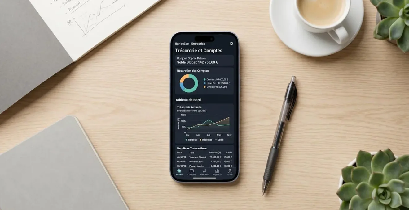 Smartphone affichant une application bancaire professionnelle française avec tableau de bord de trésorerie, graphiques et solde en temps réel sur une surface de travail minimaliste