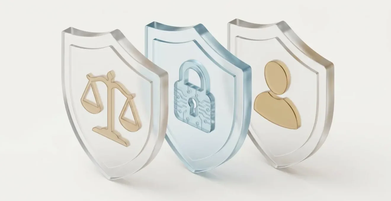 Trois boucliers transparents superposés en perspective isométrique symbolisant la réglementation, la technologie et la responsabilité utilisateur