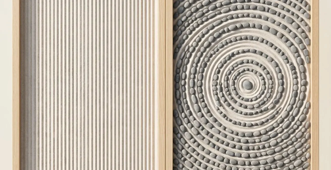 Vue aérienne d'un jardin zen avec deux espaces distincts organisés harmonieusement, séparés par une bordure en bois naturel