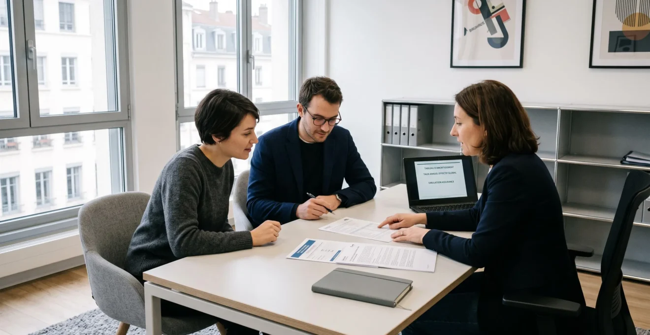 Couple trentenaire consultant des documents d'assurance emprunteur avec un conseiller financier dans un bureau moderne en France