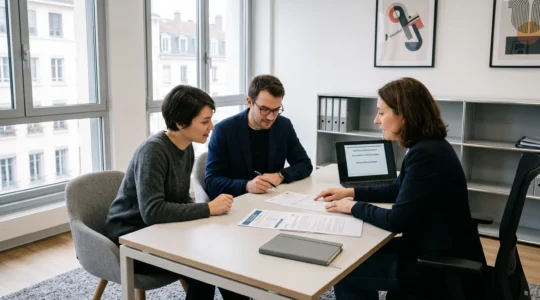 Couple trentenaire consultant des documents d'assurance emprunteur avec un conseiller financier dans un bureau moderne en France