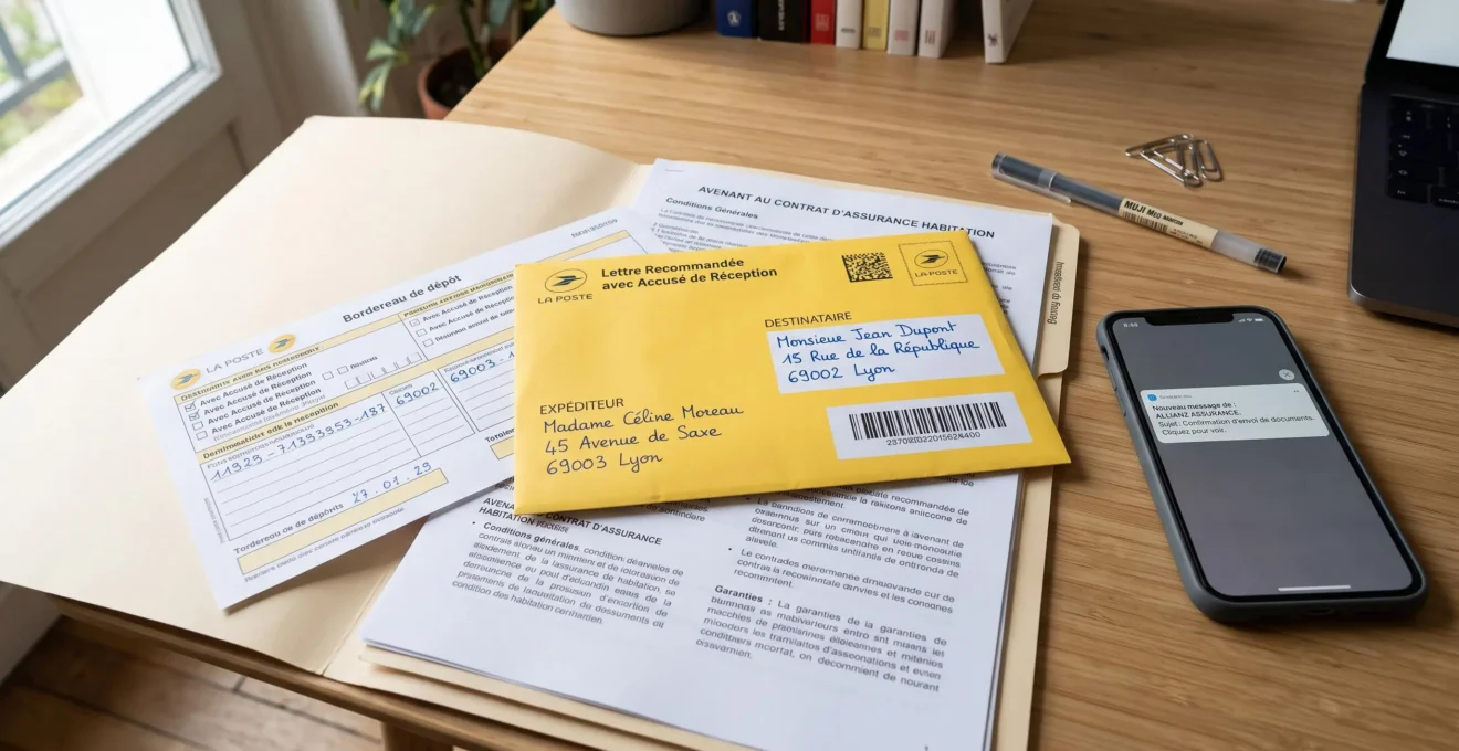 Enveloppe recommandée La Poste avec bordereau d'envoi rempli, dossier d'assurance emprunteur et smartphone affichant une confirmation de demande de résiliation