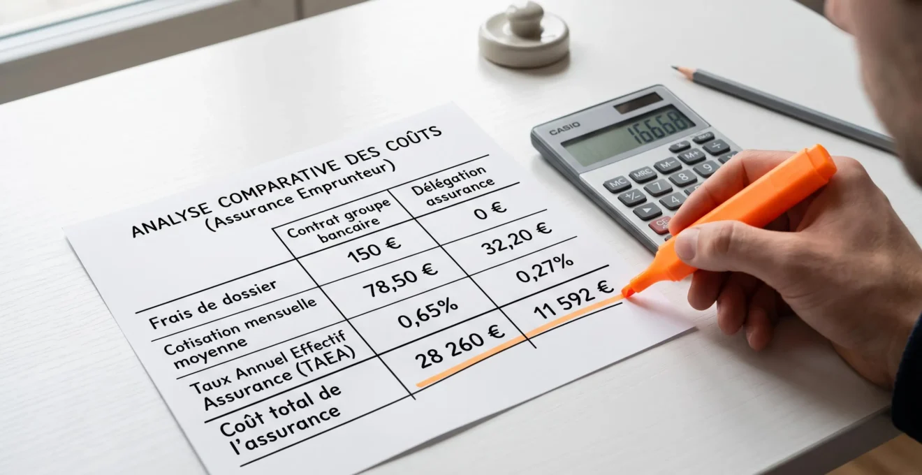 Tableau comparatif manuscrit des coûts entre contrat groupe bancaire et délégation d'assurance, avec calculatrice et main surlignant les écarts de prix en euros