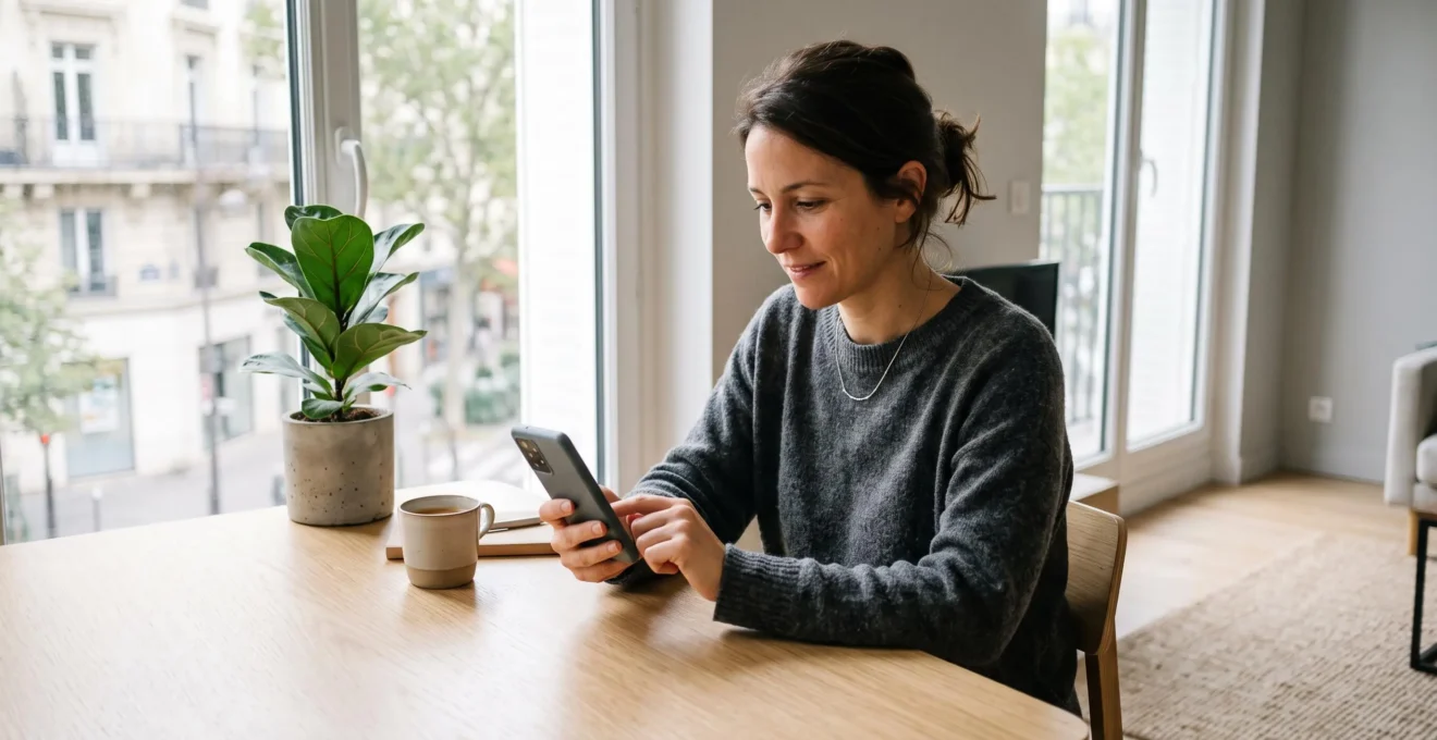 Personne consultant son application bancaire sur smartphone à domicile