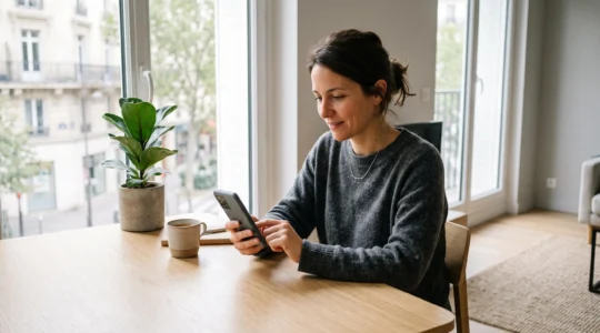 Personne consultant son application bancaire sur smartphone à domicile