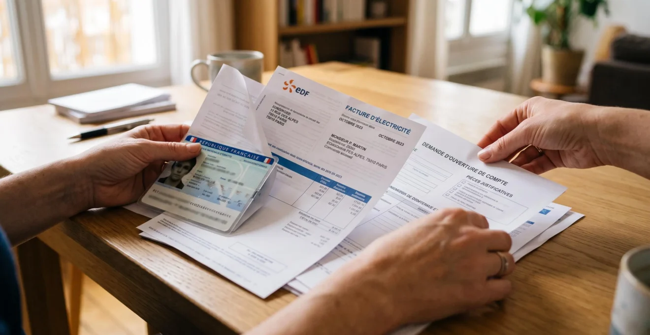 Mains organisant des documents administratifs pour l'ouverture d'un compte bancaire, incluant pièce d'identité et justificatif de domicile