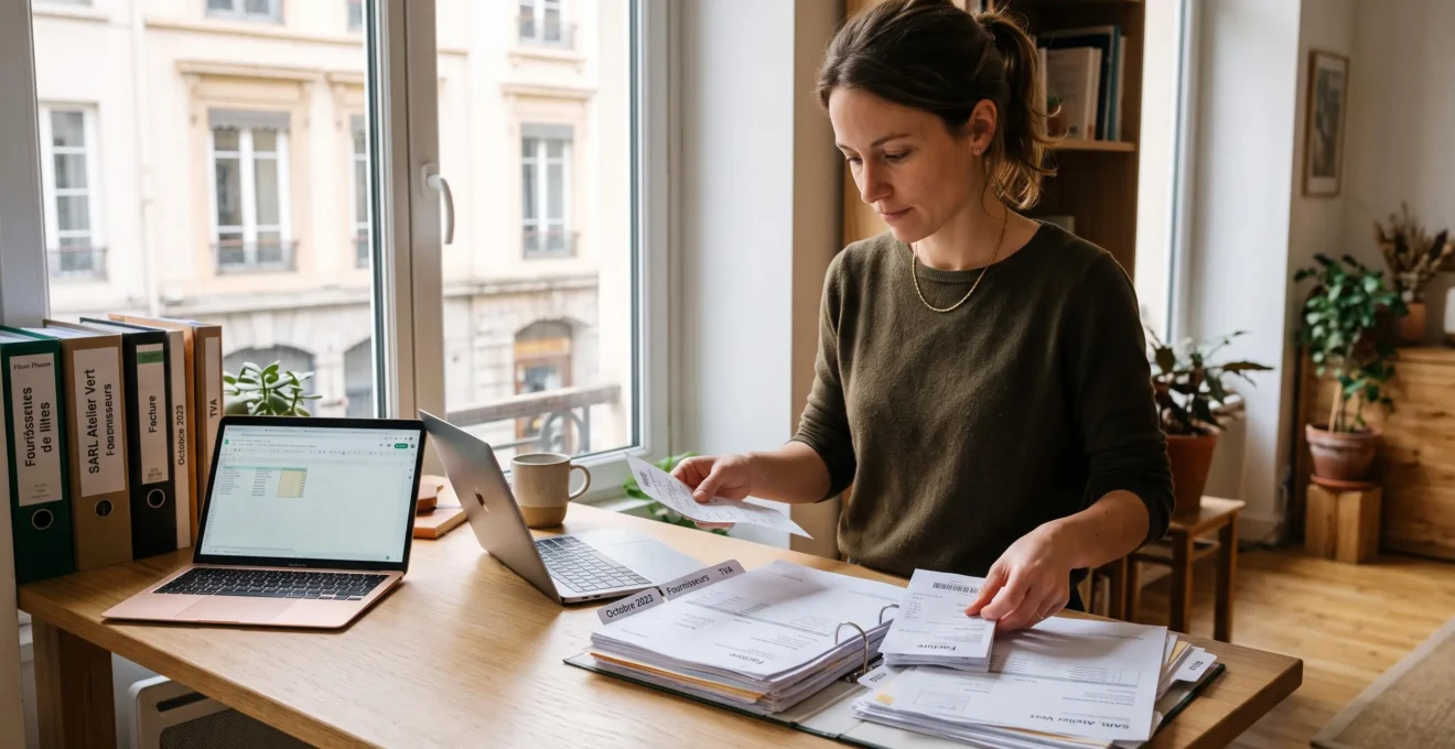 Entrepreneur organisant et vérifiant des factures et documents financiers dans son espace de travail