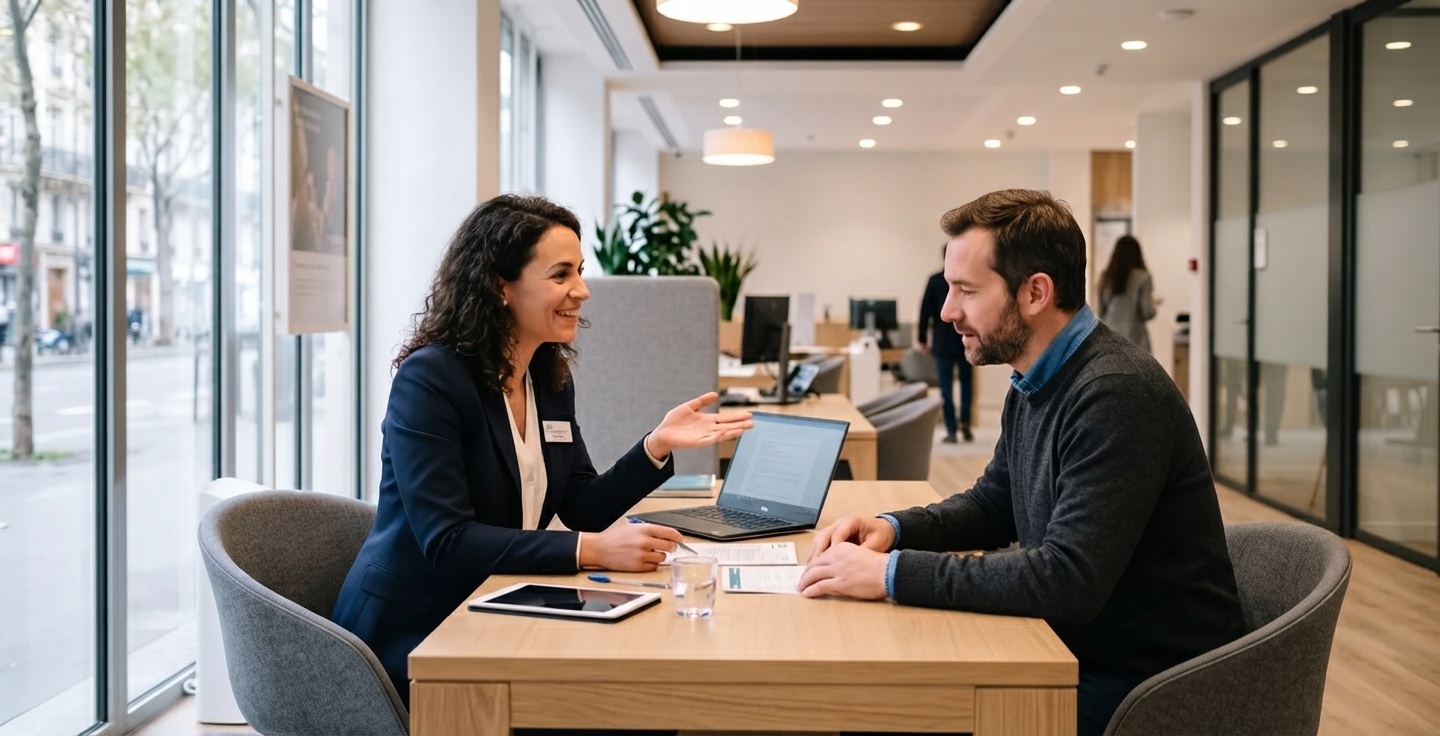 Conseiller bancaire en discussion avec un client dans une agence bancaire moderne