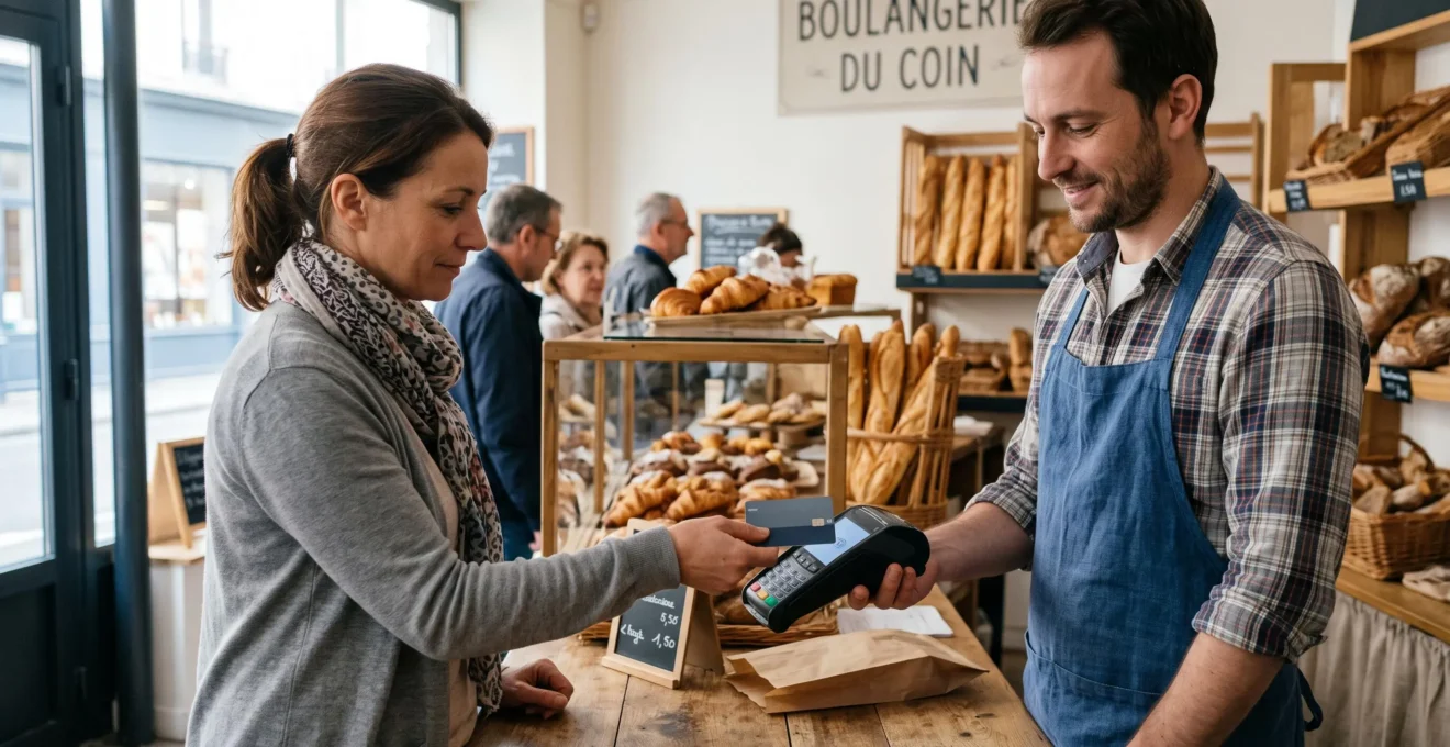 Client effectuant un paiement sans contact avec sa carte bancaire dans une boulangerie