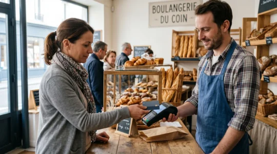 Client effectuant un paiement sans contact avec sa carte bancaire dans une boulangerie