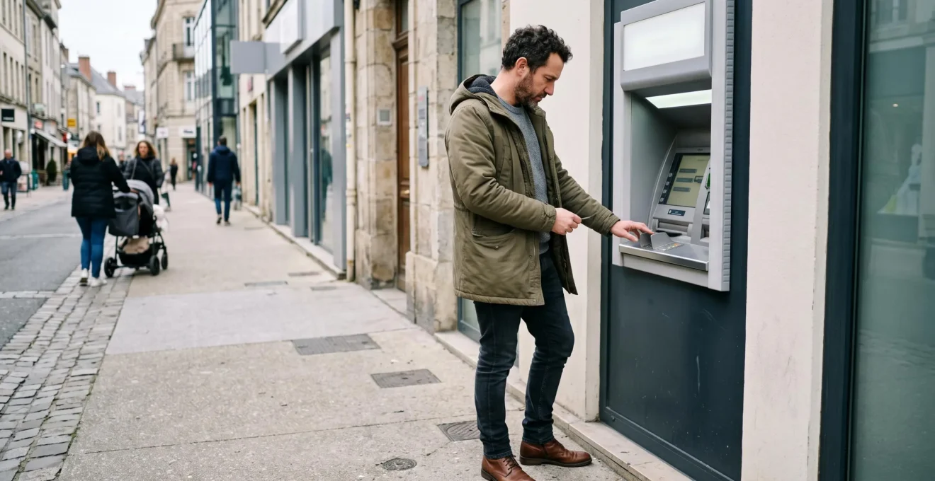 Personne effectuant un retrait d'argent à un distributeur automatique de billets en milieu urbain