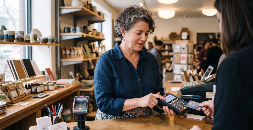Un commerçant utilise un terminal de paiement électronique pour traiter une transaction dans son point de vente. Un commerçant utilise un terminal de paiement électronique pour traiter une transaction dans son point de vente.