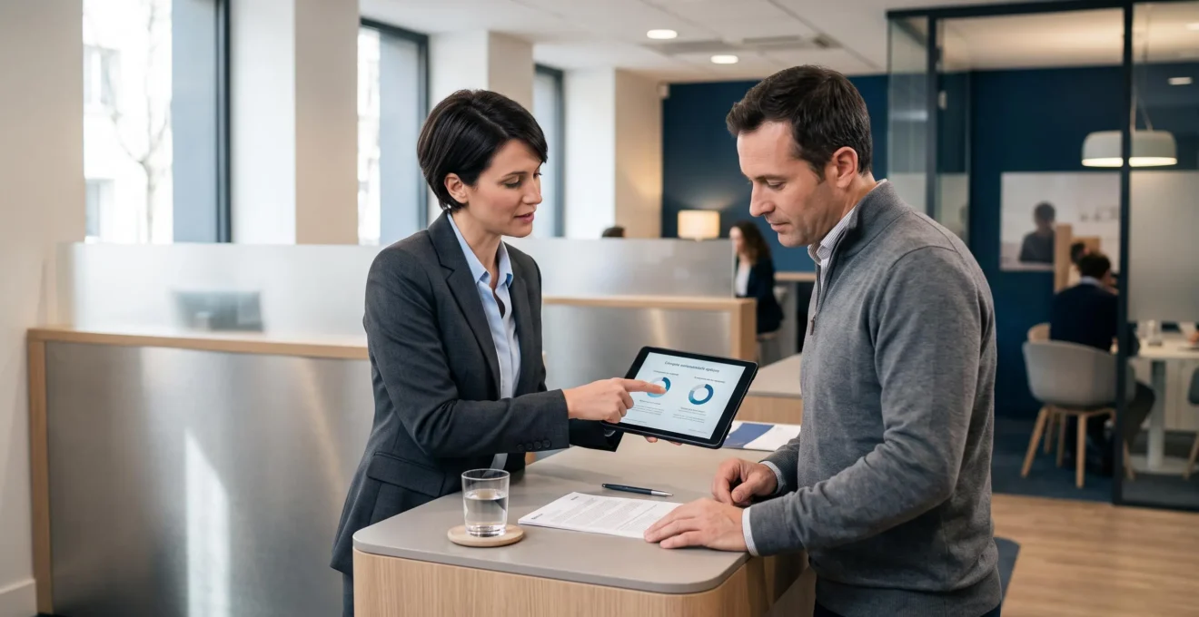 Un conseiller bancaire et un client consultent ensemble des informations sur différents types de comptes bancaires dans un espace bancaire moderne.