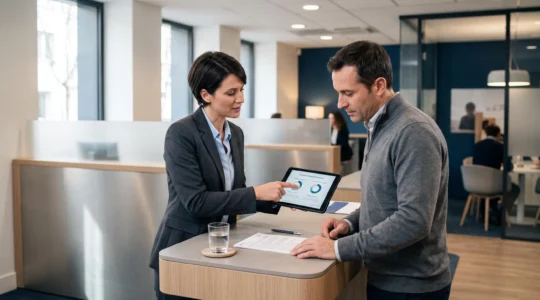 Un conseiller bancaire et un client consultent ensemble des informations sur différents types de comptes bancaires dans un espace bancaire moderne.