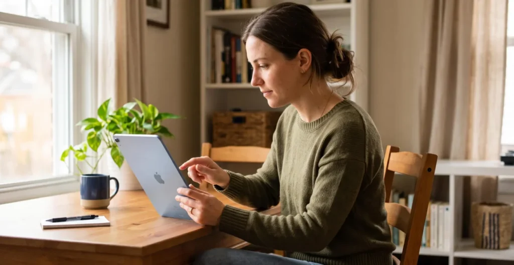 Une personne consulte et gère ses comptes bancaires et son épargne via une application bancaire sur une tablette dans un environnement domestique. Une personne consulte et gère ses comptes bancaires et son épargne via une application bancaire sur une tablette dans un environnement domestique.